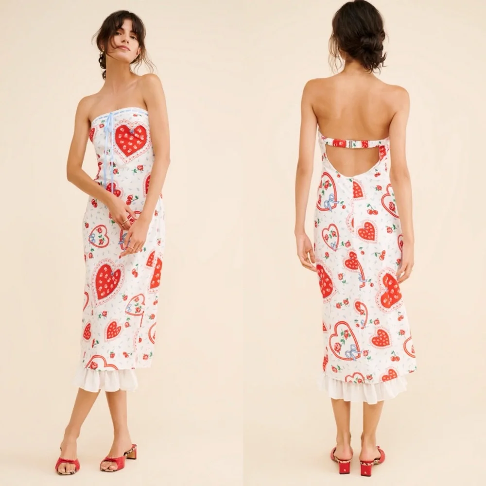 For Love & Lemons Daisy Mae Heart Cherry Print Strapless Ruffle Midi Dress - Picture 4 of 12